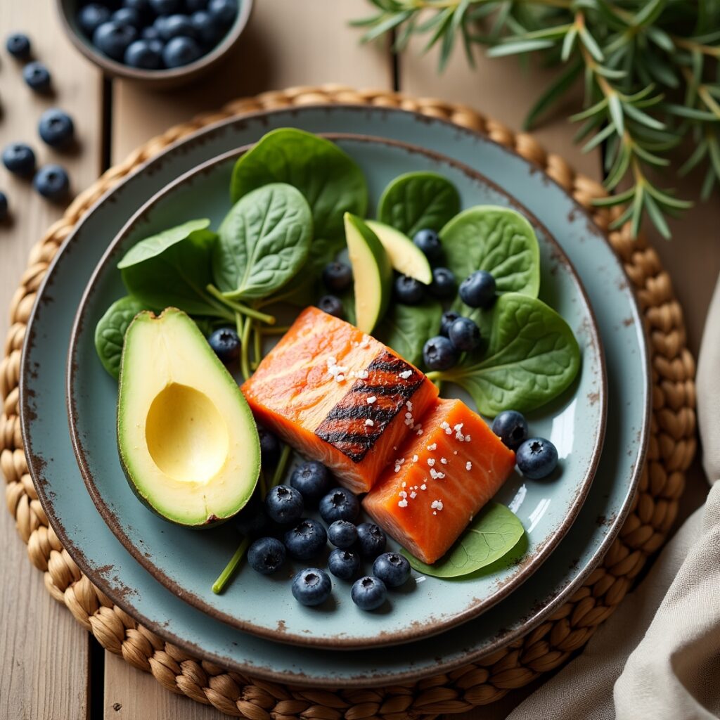anti inflammatory diet food list with salmon, avocado, and berries